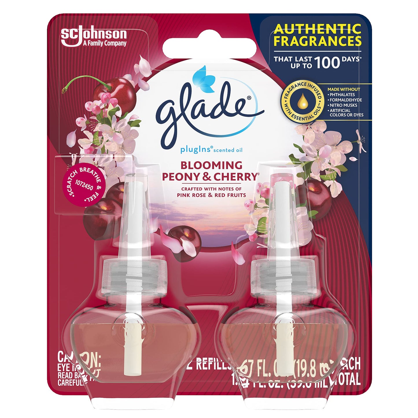 Glade Plugins Refills Air Freshener, Scented And Essential Oils For Home And Bathroom, Blooming Peony & Cherry, 1.34 Fl Oz, 2 Co