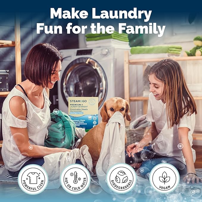 Steam & Go 5-in-1 Premium+ Dissolvable Laundry Detergent Sheets - Boutique Hotel Scent, 30 Count
