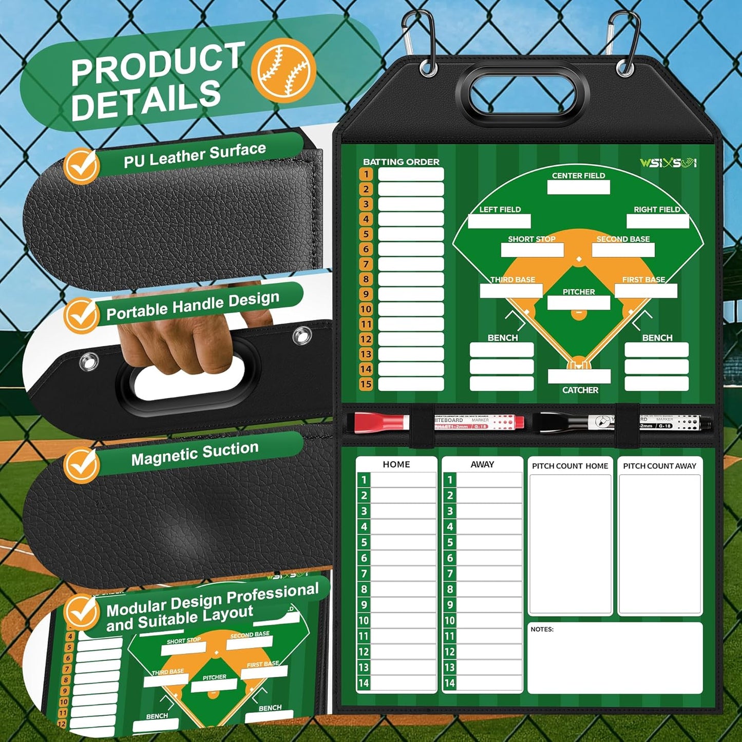 Magnetic Baseball Lineup Board for Dugout | Professional Baseball/Softball Clipboard for Coaches, Foldable | Leather Cover | Carry Handle | Detachable Scoreboard | 30 Lineup Cards