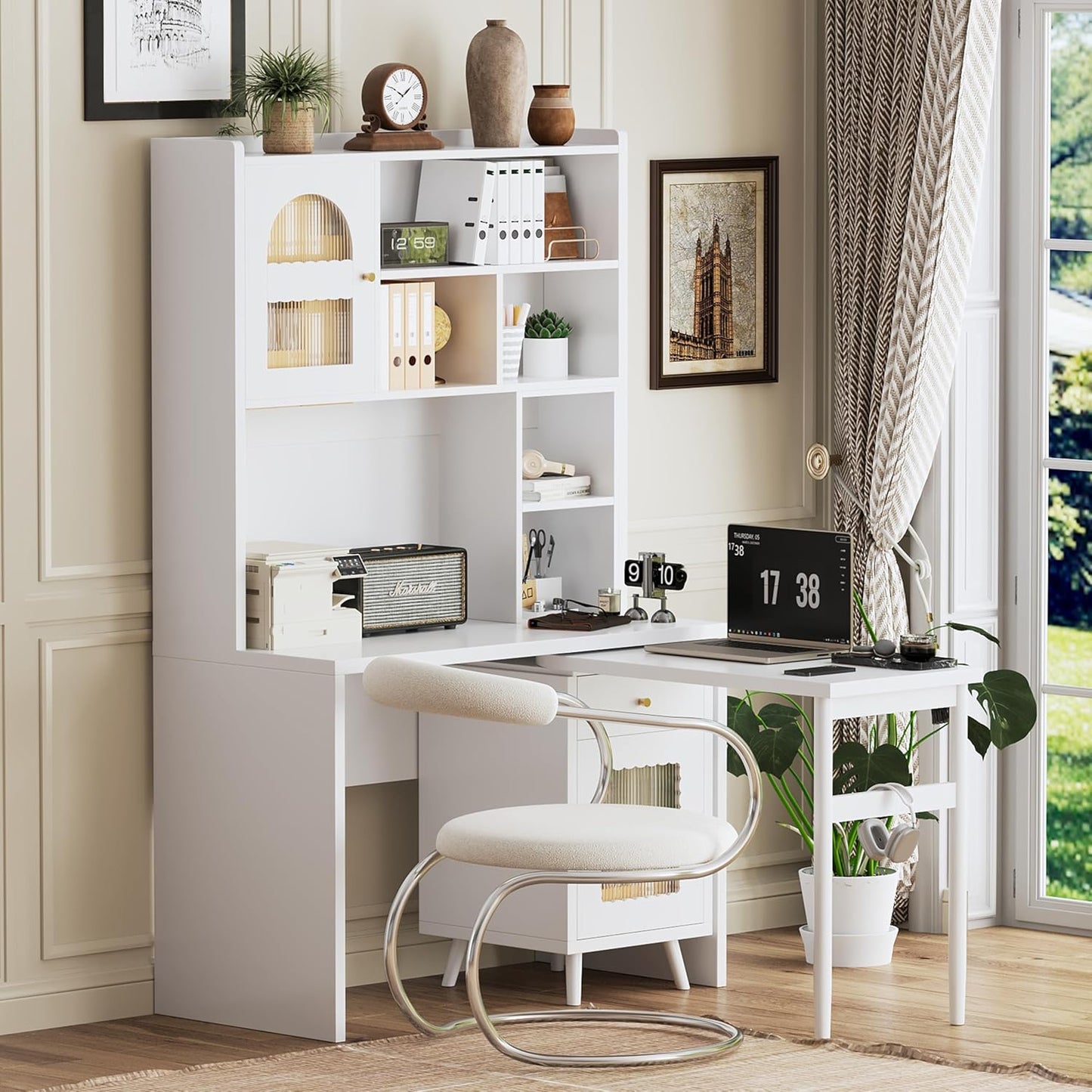 Merax Computer Desk with 90 Degree Rotating Desktop, L Shaped Office Desk with Storage Drawer and Cabinets, Writing Desk with Shelves for Study, Work Desk for Office Bedroom Living Room, White