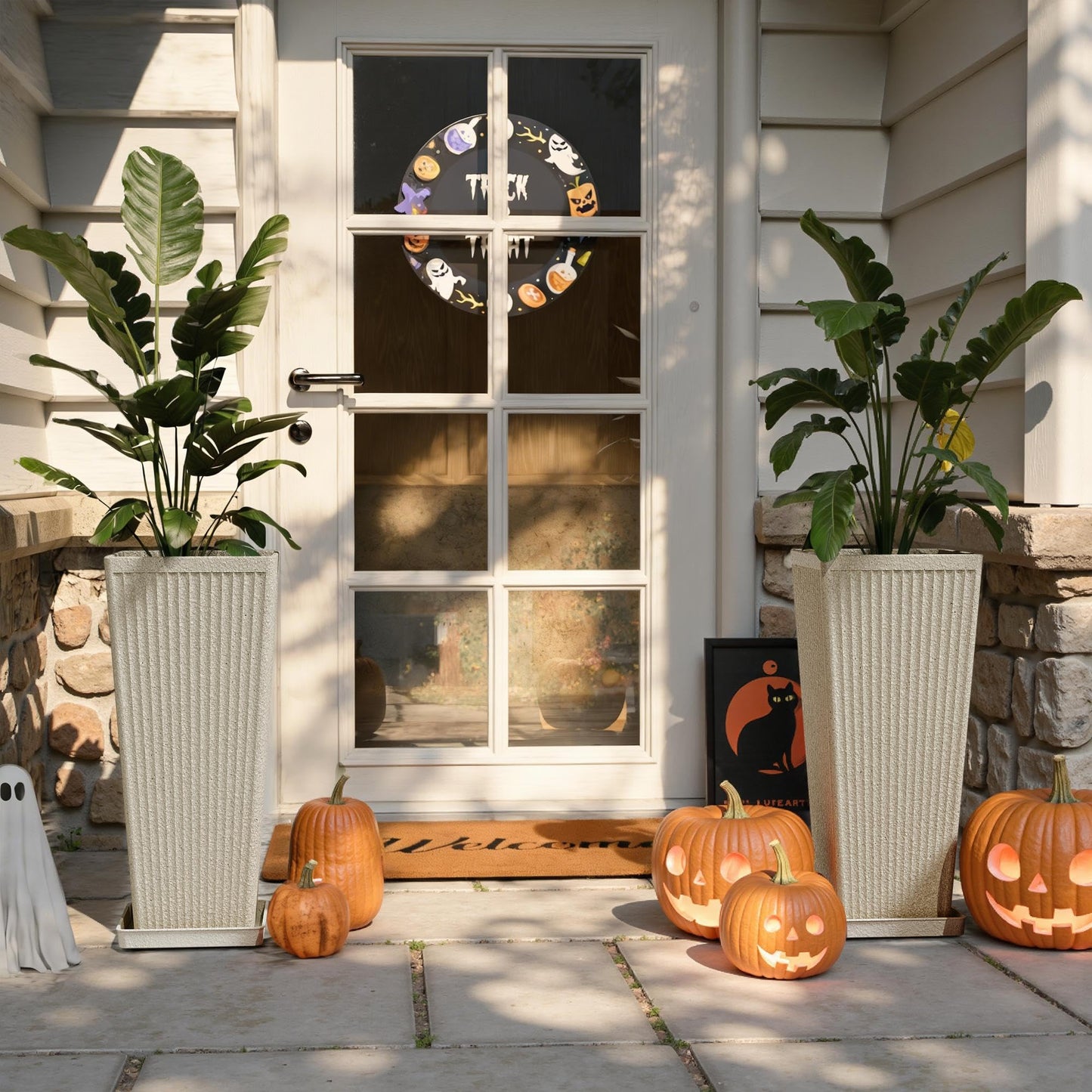 Trygoal Tall White Planters for Outdoor Plants - 23.6" Classic Tapered Large Outdoor Planters Set of 2 with Drainage Holes/Partition/Tray, Heavy-Duty Front Porch Planter for Porch Patio, Garden Vase