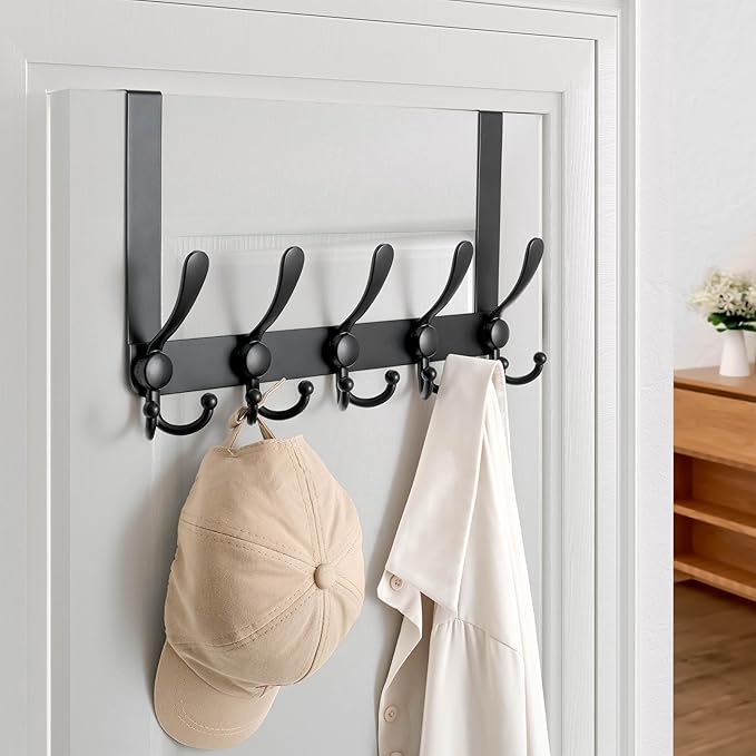 Dseap Over Door Hook 2.0 - Upgraded Version - Simple-Assembly, Strong, Heavy-Duty Stainless Steel 5-Tri-Hook Over The Door Hanger Rack, SimpleStrong Series, Black, Pack of 2