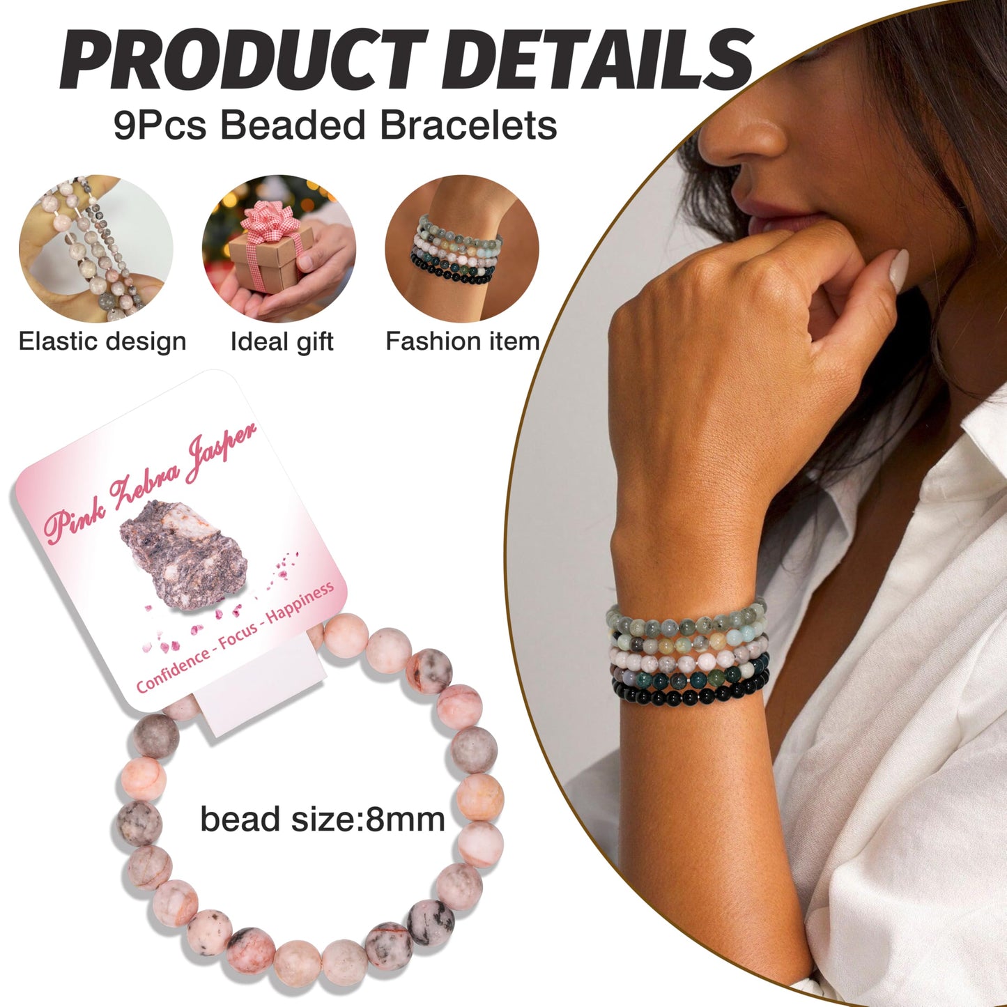 BOMAIL 9Pcs Healing Crystal Bracelets for Women Men 4mm 6mm 8mm Natural Stone Beaded Stretch Bracelet Set Handmade Gemstone Reiki Spiritual Jewelry Gifts