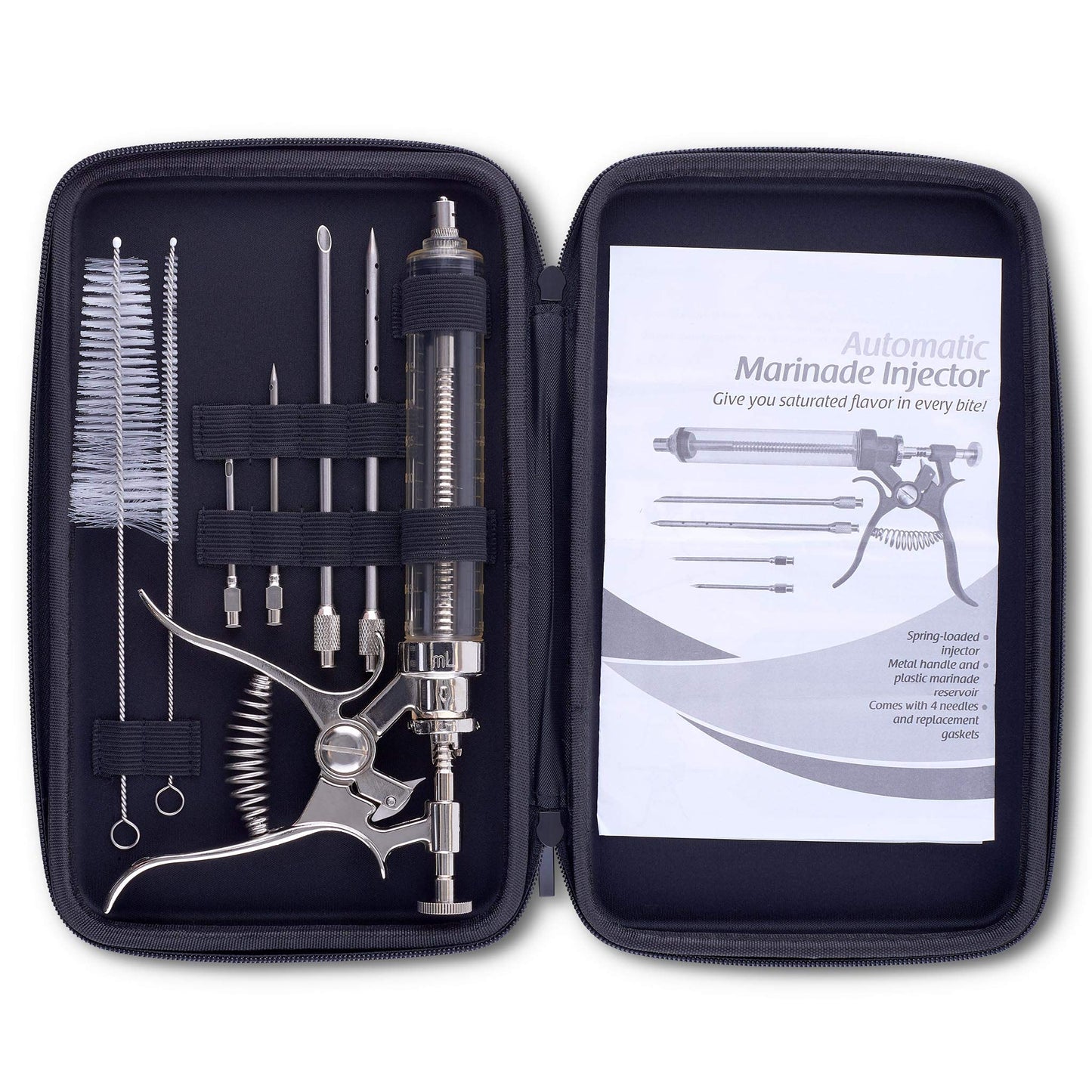 J&B Goods Professional Automatic BBQ Meat Marinade Injector Gun Kit with Case, 2 oz Large Capacity Barrel and 4 Commercial Grade Marinade Needles.