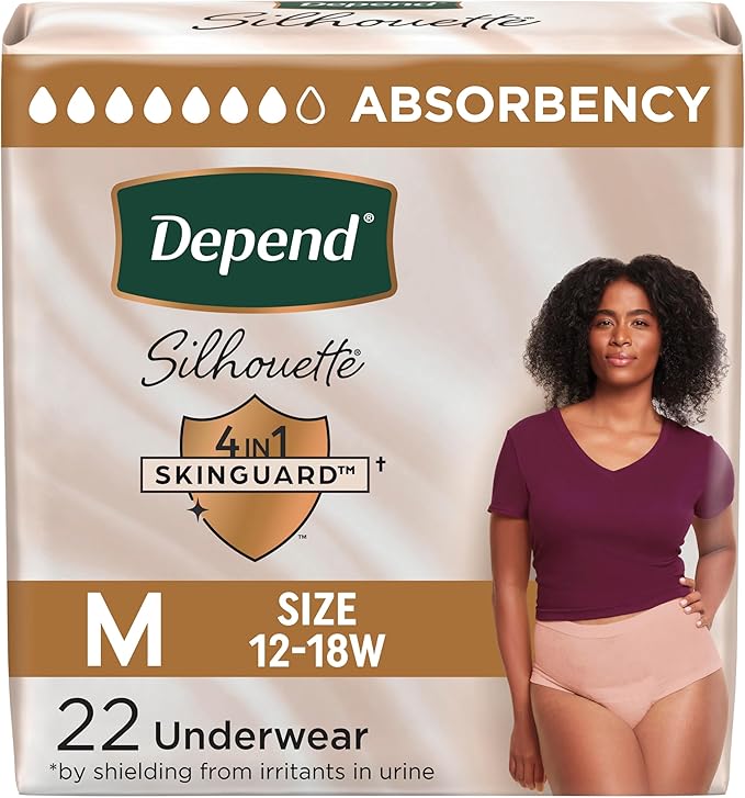 Depend Silhouette Adult Diapers, Incontinence & Postpartum Bladder Leak Underwear for Women, Maximum Absorbency, Medium, Pink, 22 Count, Packaging May Vary