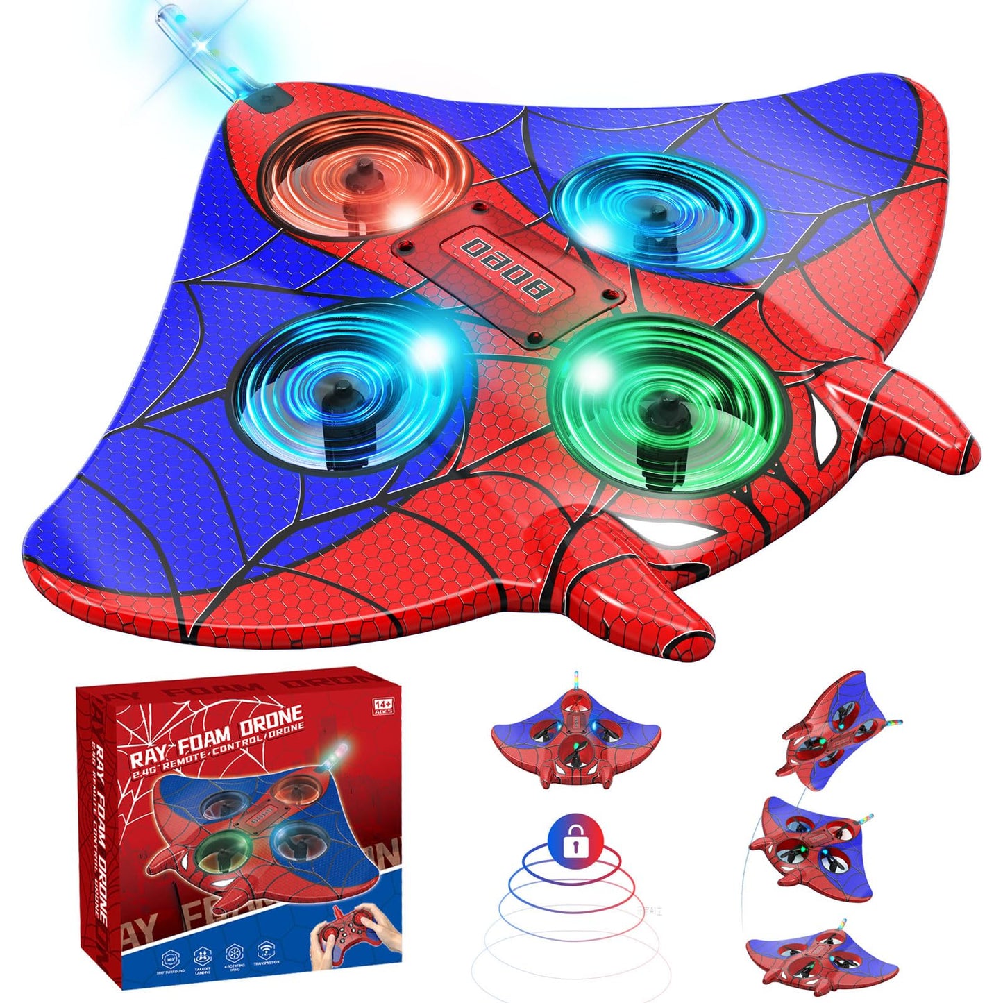 RC Plane Spider Toys for Kids, 2.4Hz 3.5CH Foam Remote Control Airplane with Altitude Hold, One Button Takeoff/Landing, 360° Stunt Flips, LED Lights, Ideal Gift for Kids, Boys & Girls Beginners