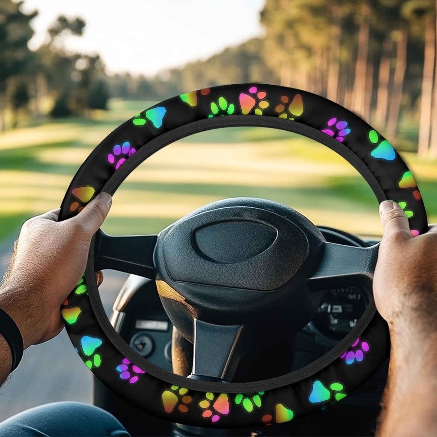 Dog Paw Print Golf Cart Steering Wheel Cover Universal Fit 13-14 Inch Polyester
