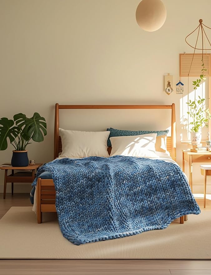 YnM Weighted Blanket, Handmade Chunky Knitted Design, Soft and Cozy, Temperature Regulating and Breathable, Machine Washable Throw for Sleep or Home Decor (Dark Blue Tie-Dyed, 60x80 Inch, 15lbs)