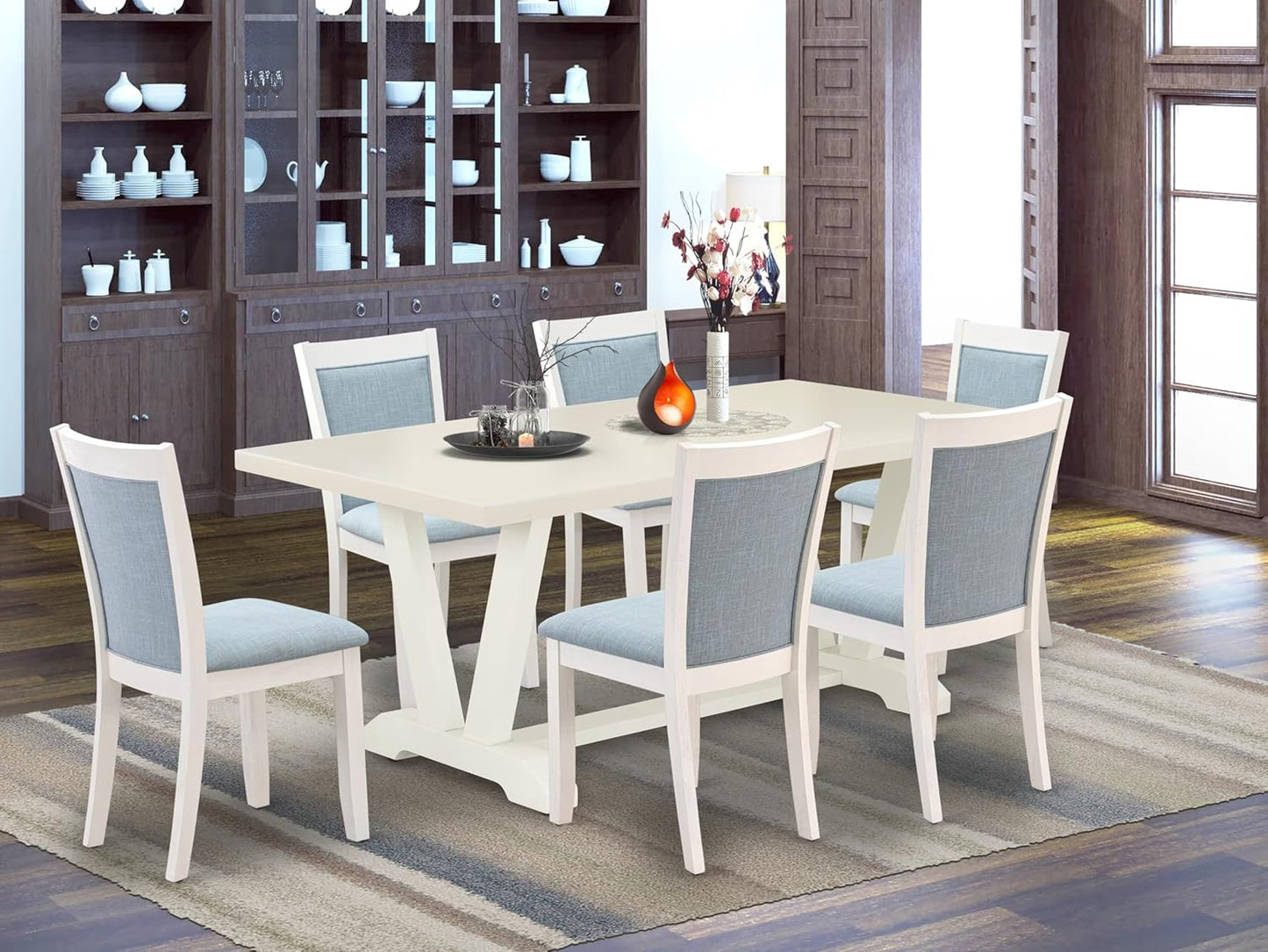 East West Furniture V027MZ015-7 7 Piece Dining Table Set Consist of a Rectangle Kitchen Table with V-Legs and 6 Baby Blue Linen Fabric Upholstered Chairs, 40x72 Inch, Multi-Color