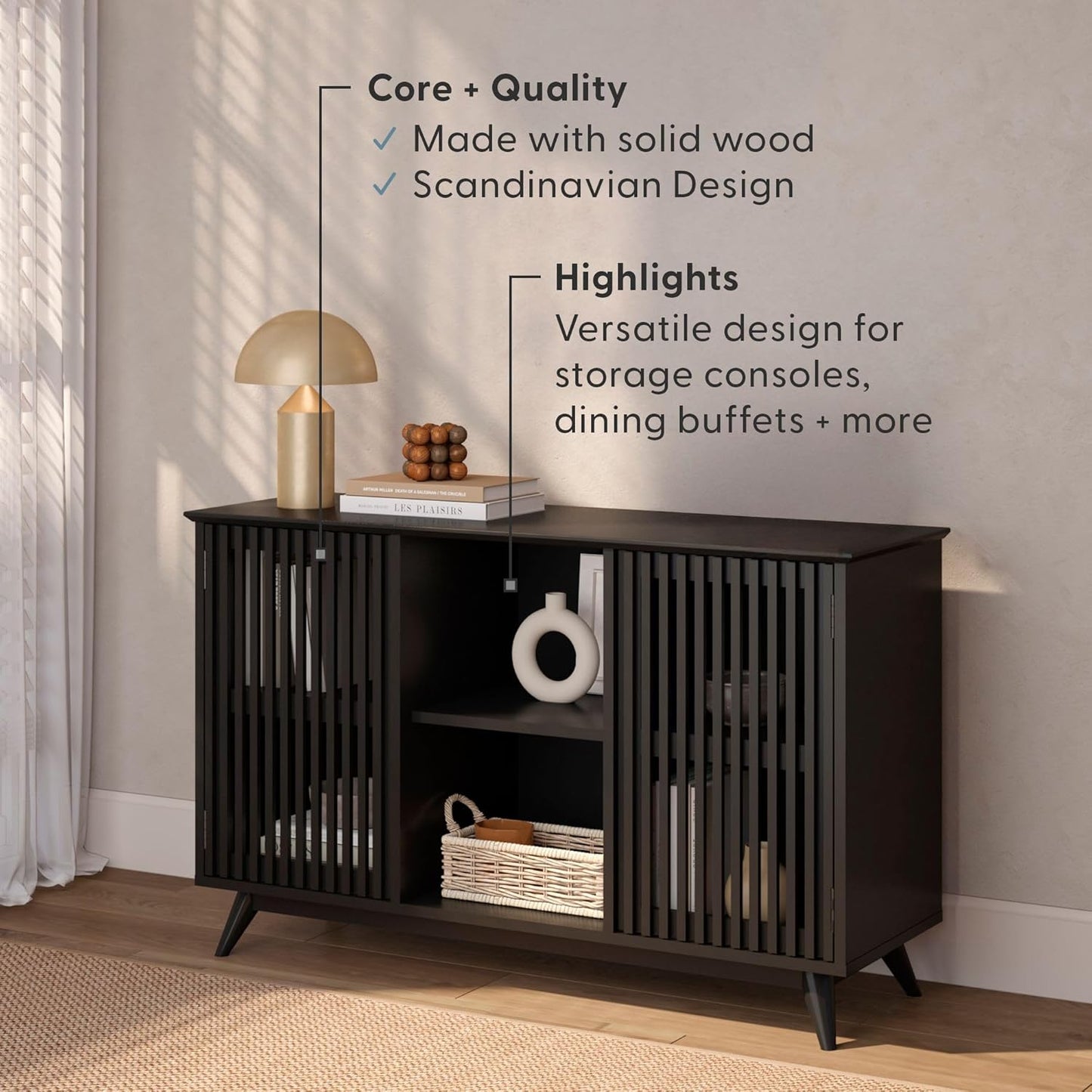 Plank+Beam Mid-Century Modern Wood TV Stand, Solid Wood Entertainment Console with Storage, 49" L x 16" W x 30" H, Black