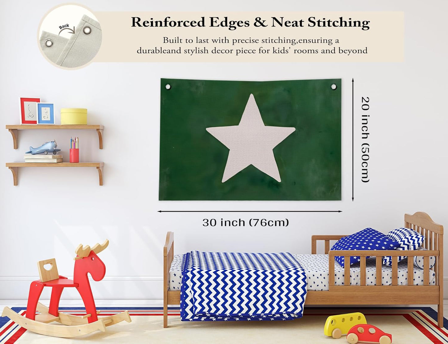 Retro Hand Drawn Star Wall Decor for Boys Room,Boy Nursery White Star Dark Green Canvas Banner Wall Art,Trendy Flag Decor for Kids Baby Little Boys Room Bedroom Playroom, 20x30 in
