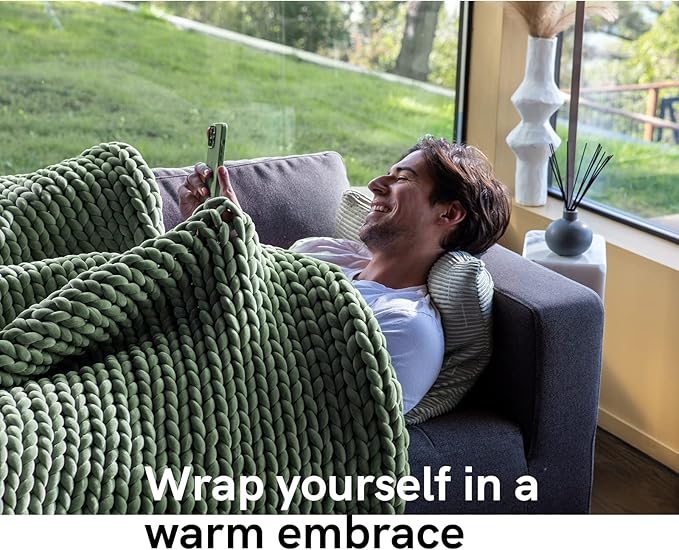 YnM Velvet Knitted Weighted Blanket, Hand Made Chunky Knit Weighted Throw for Sleep, Stress or Home Décor, Rest and Relax in Style Weighted Blankets (Avocado Green, 50''x60'' 10lbs)