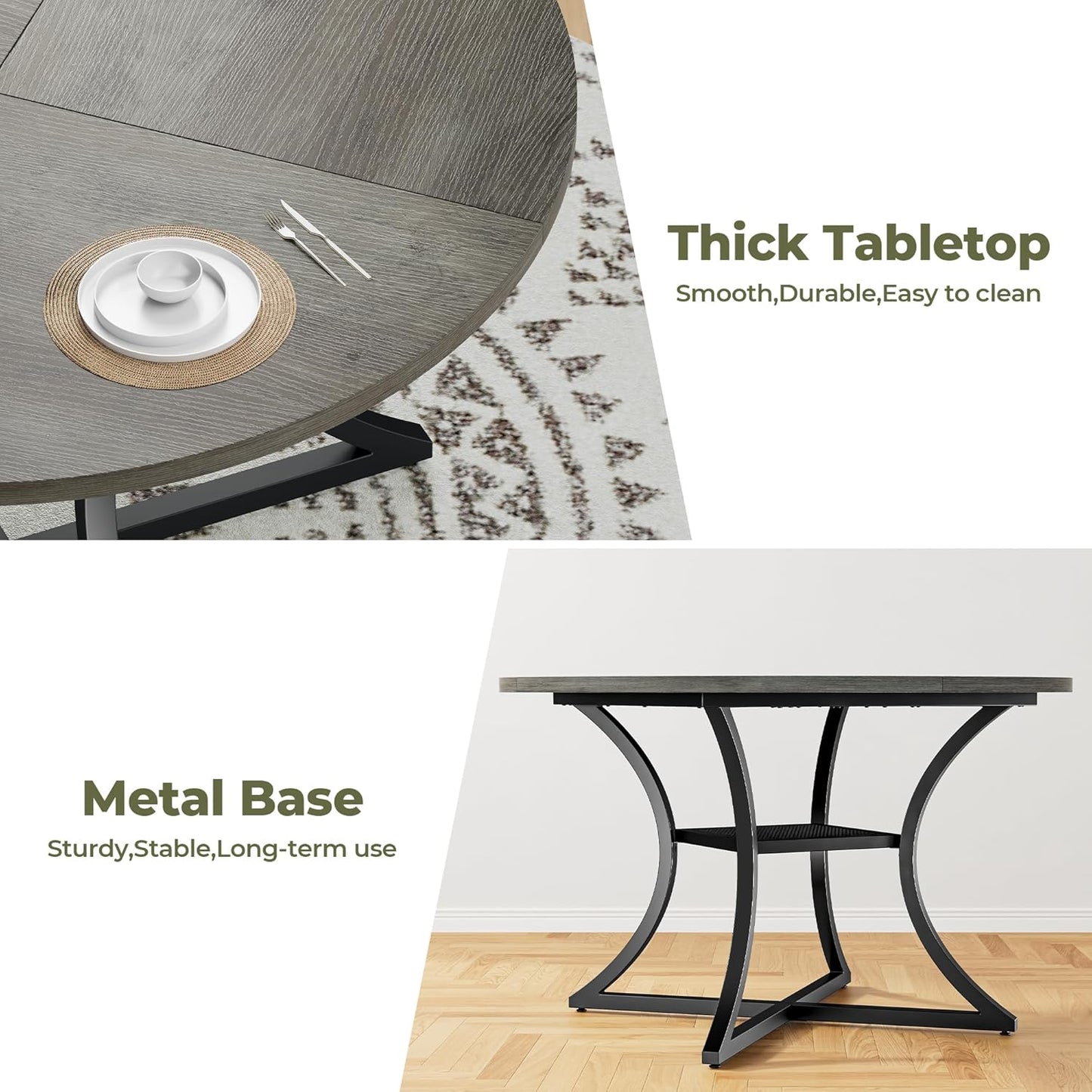 IRONCK 47.2" Round Dining Table for 4, Wood Kitchen Table with Storage Shelf for Dining Room, Dinner Table with Wooden Tabletop and Metal Base, Gray