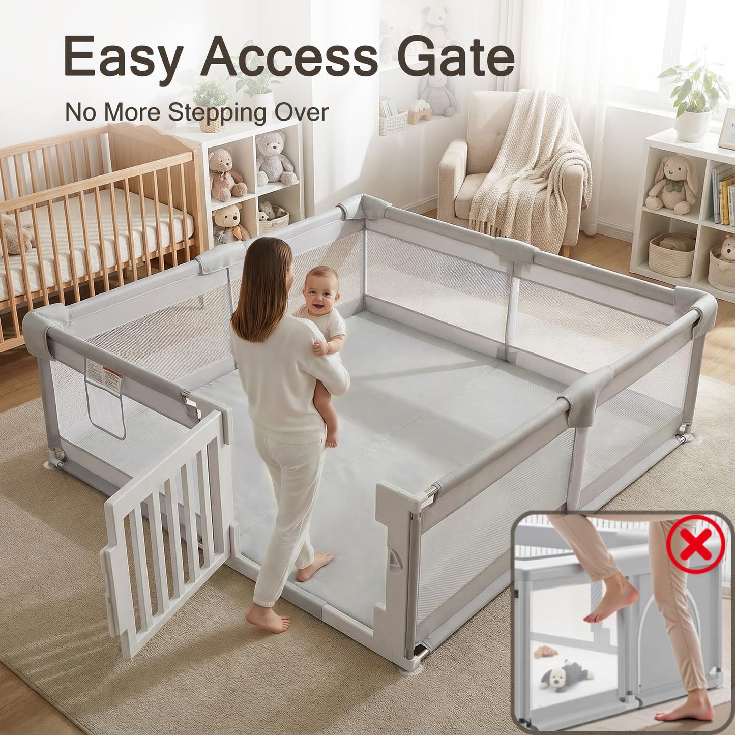 Funyoo 71" ×59" Baby Playpen with Gate, Large Baby Play Pen for Babies and Toddlers, Infant Fence Play Yard with Door for Living Room, Anti-Fall, Breathable Mesh