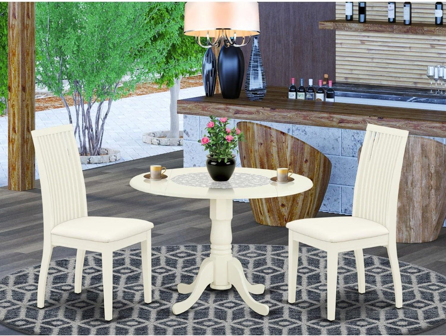 East West Furniture DLIP3-WHI-C 3 Piece Kitchen Table Set for Small Spaces Contains a Round Dining Table with Dropleaf and 2 Linen Fabric Dining Room Chairs, 42x42 Inch, Linen White