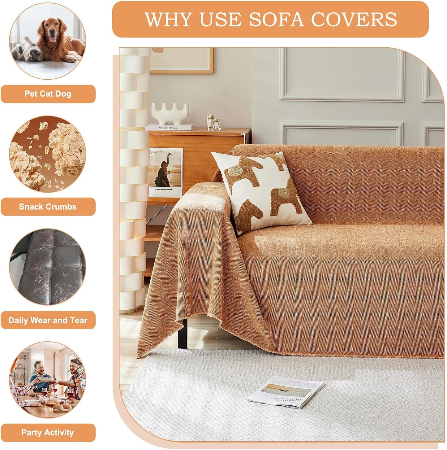STACYPIK Orange Sofa Cover, Modern Chenille Couch Cover for Dogs, Furniture Protector for 2 Cushion Couch Multi-Use Couch Cover for Sectional Pet-Friendly, Non-Slip Loveseat Cover with Tassel-71X118IN
