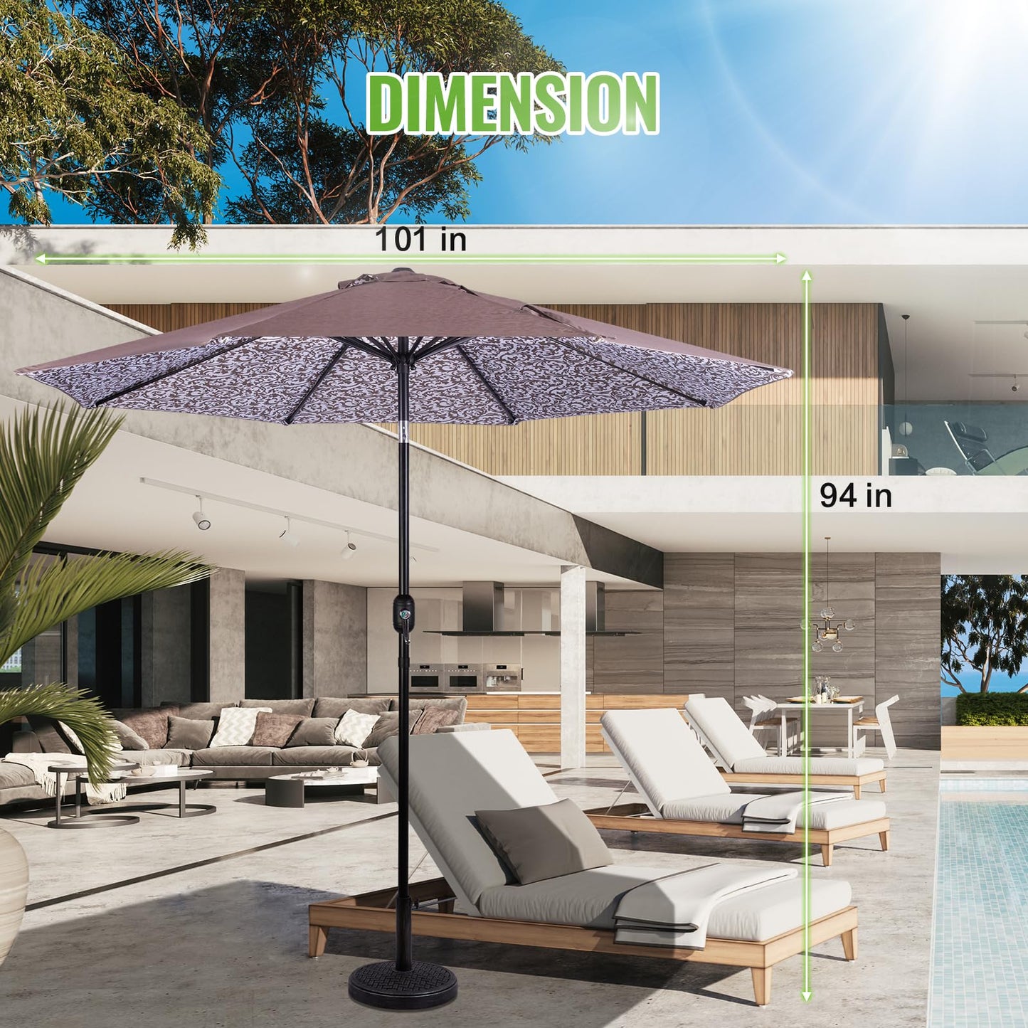 Backyard Expressions 9 Ft Patio Umbrella with Push Button Tilt and Crank System - UV Resistant Polyester Fabric, Market Umbrella with 8 Sturdy Ribs - Tan Double Sided