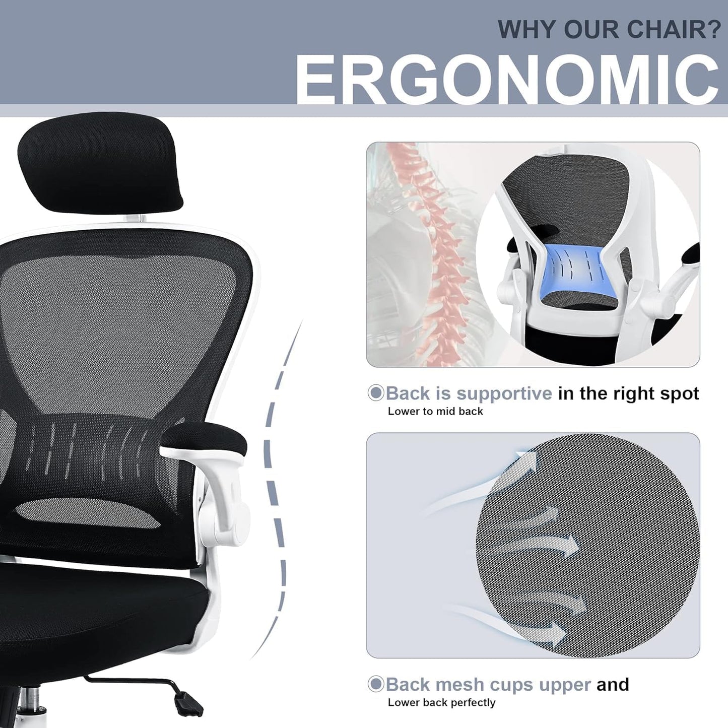 Office Chair Ergonomic Desk Chair Comfort Adjustable Height with Wheels，Lumbar Support Mesh Swivel Computer Home Office Study Task Chair Black & White