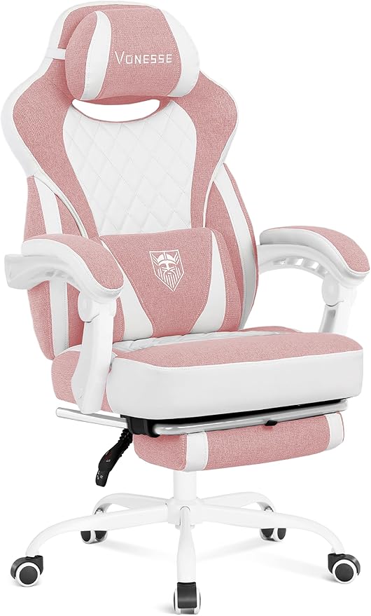 Vonesse Gaming Chair, Reclining Fabric Gaming Chairs for Adults 250LBS, Office Chair with Pocket Spring Cushion, Computer Chair with Footrest and Massage Lumbar Support (Pink)
