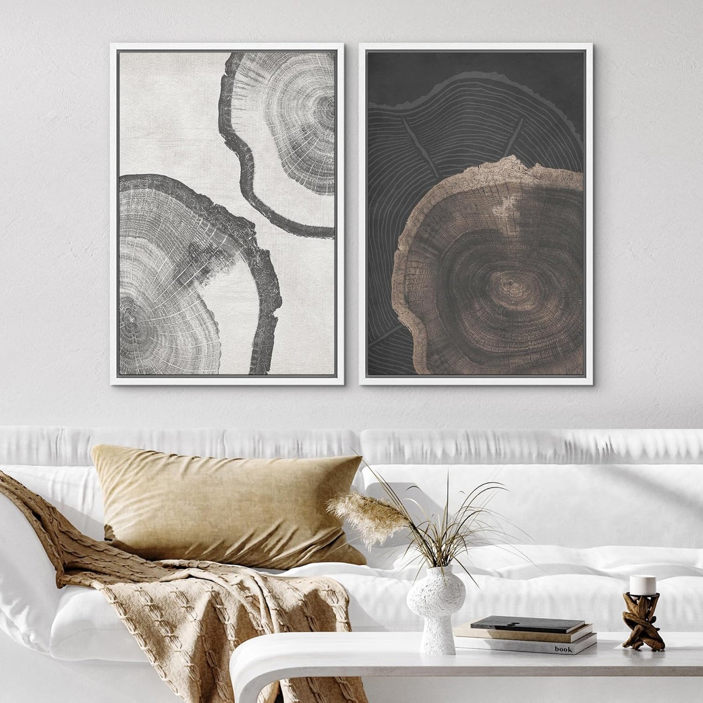 SIGNWIN Framed Canvas Print Wall Art Wood Tree Rings Abstract Illustrations Minimalist Modern Wall Art Neutral Boho Decor for Living Room, Bedroom, Office - 16"x24"x2 White