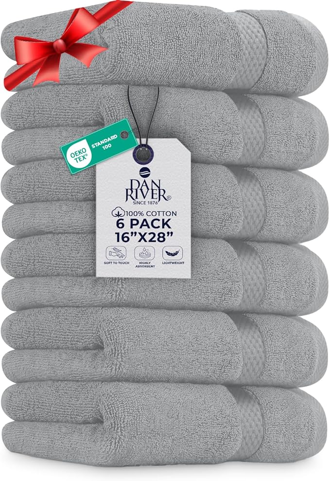 DAN RIVER 6-Pack Premium Hand Towels (16x28 Inches) - 100% Cotton, Ultra Soft, Lightweight, Highly Absorbent Towels for Bathroom, Spa, Gym, Salon, Hotel, and Travel - 550 GSM - Silver