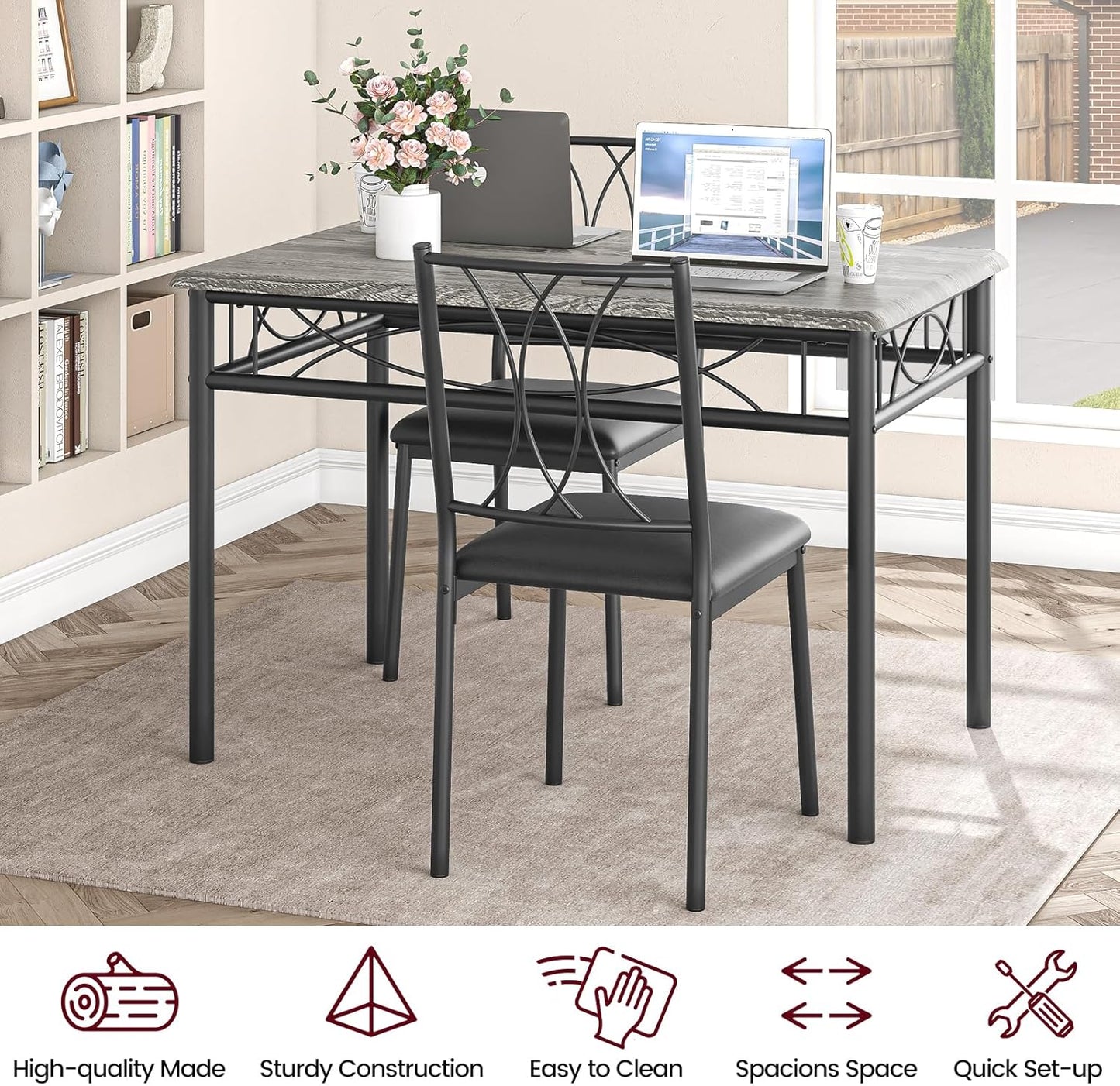 CABIHOME Dining Table Set, 5 Piece Rectangle Dining Kitche Table Set for 4 with 4 Upholstered Chairs, Dining Table Set for Small Space, Apartment, Retro Gray