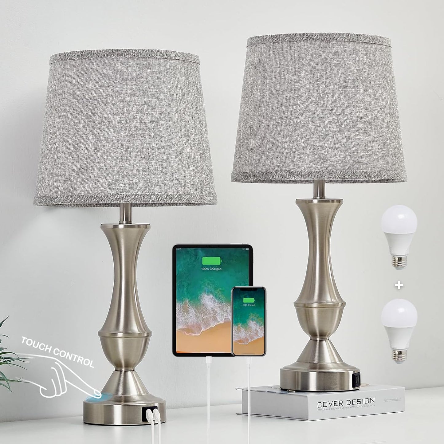 Touch Table Lamps Set of 2, 22" Tall Bedside Lamps, Nightstand Lamps with USB C+A Charging Ports, 3 Way Dimmable Lamp for Bedrooms, Living Room, Office, Silver Lamp with Grey Lampshade, Bulbs Included
