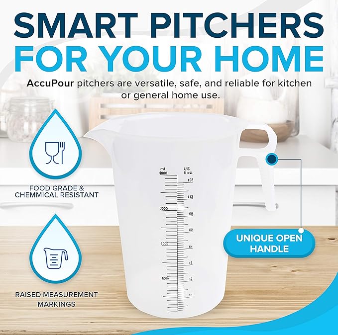 128oz (1 gallon) Measuring Pitcher, Plastic, Multipurpose - Great for Oil, Chemicals, Pool and Lawn - Ounce (oz) and Milliliter (mL) Increments (4000 mL)