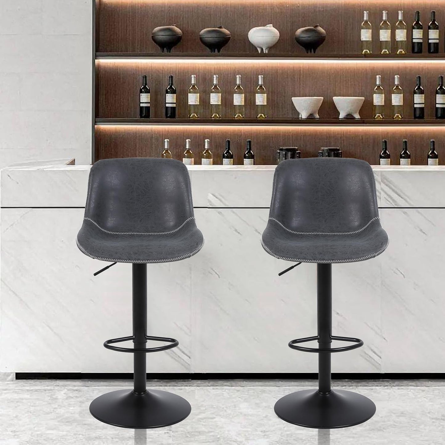 Bar Stools Set of 2, Swivel Counter Height Barstools with Back, Adjustable Bar Chairs, Tall Armless PU Leather Kitchen Island Stool (Black)