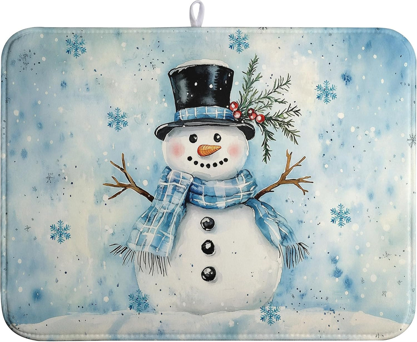 Snowman Super Absorbent Dish Drying Mat, 18x24 Inch, Winter Blue Snowflake Dish Drainer Rack, Large, Microfiber Dry Mat, Christmas Kitchen Accessory