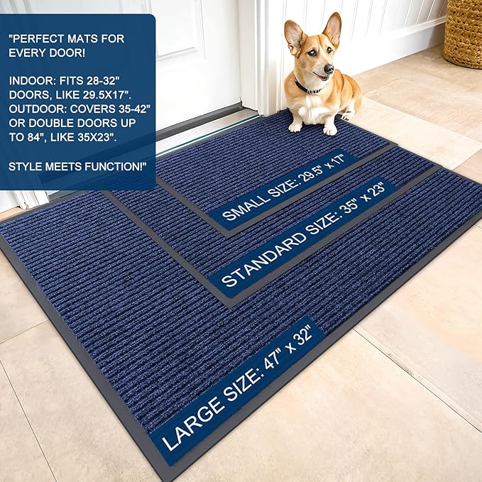 OLANLY Front Door Mat Indoor Outdoor Entrance, Waterproof Heavy Duty Doormat, Fade Resistant, Low Profile, Easy Clean Patio Porch Welcome Floor Mats for Entry, 47x34, Blue