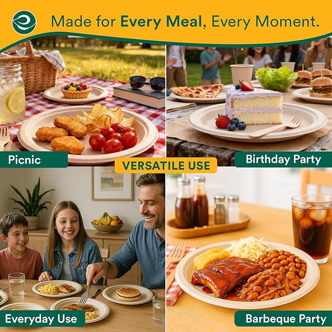 ECO SOUL 100% Compostable Paper Plates 10 Inch [500-Pack] Biodegradable Heavy Duty Eco-Friendly Disposable Plates for Christmas Dinner, Parties, Wedding & Event