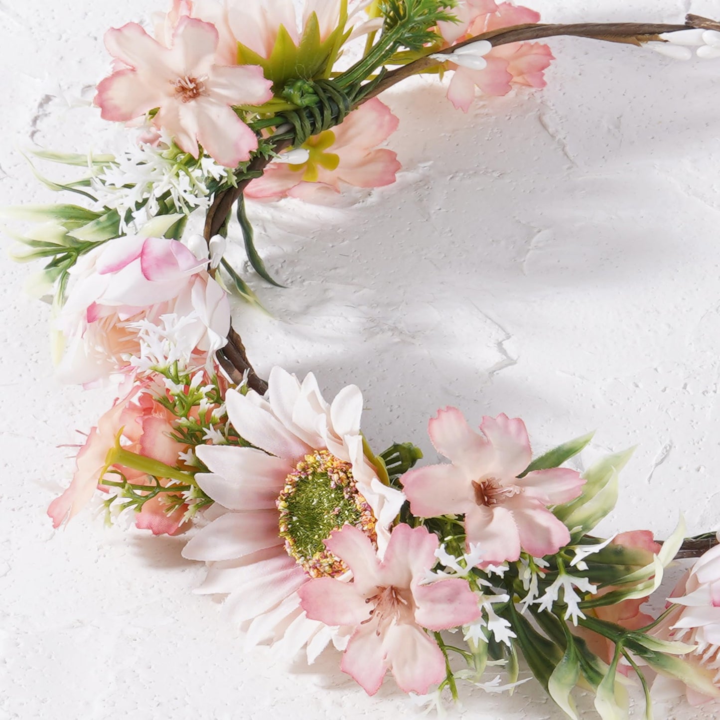 KorViSHOW Pink Sunflower Flower Crown Headband, Artificial Fairy Daisy Floral Headpiece, Adjustable Fairy Woodland Headband for Women Girls Renaissance Birthday Bride Wedding Party Hair Accessories