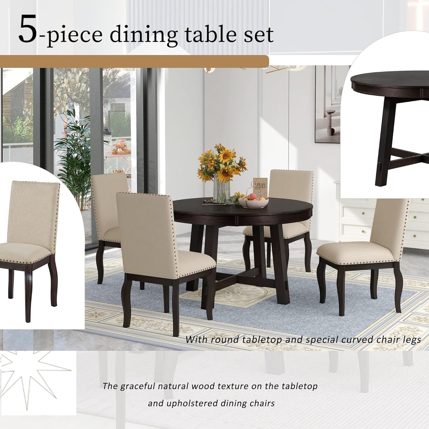 5 Pieces Dining Table Set with 43" Round Extendable Desk,Living Room Furniture W/ 4 Upholstered Curved Legs Chairs,for Restaurant,Home Bistro,Espresso