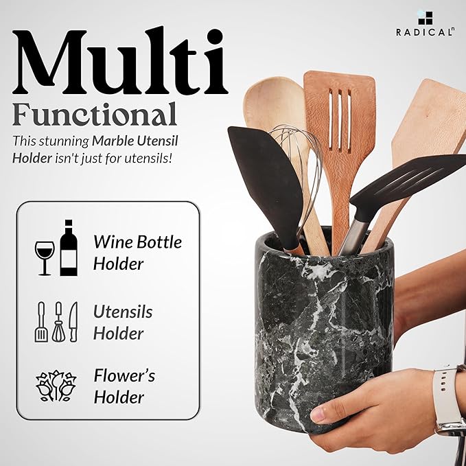 Radicaln Marble Utensil Holder 6.5" Inches Black Handmade Spatula Set for Kitchen Counter, Cooking Utensils Jar & Kitchen Essentials Organizer, Ideal Utensil Caddy & Spoons Holder for Christmas Decor