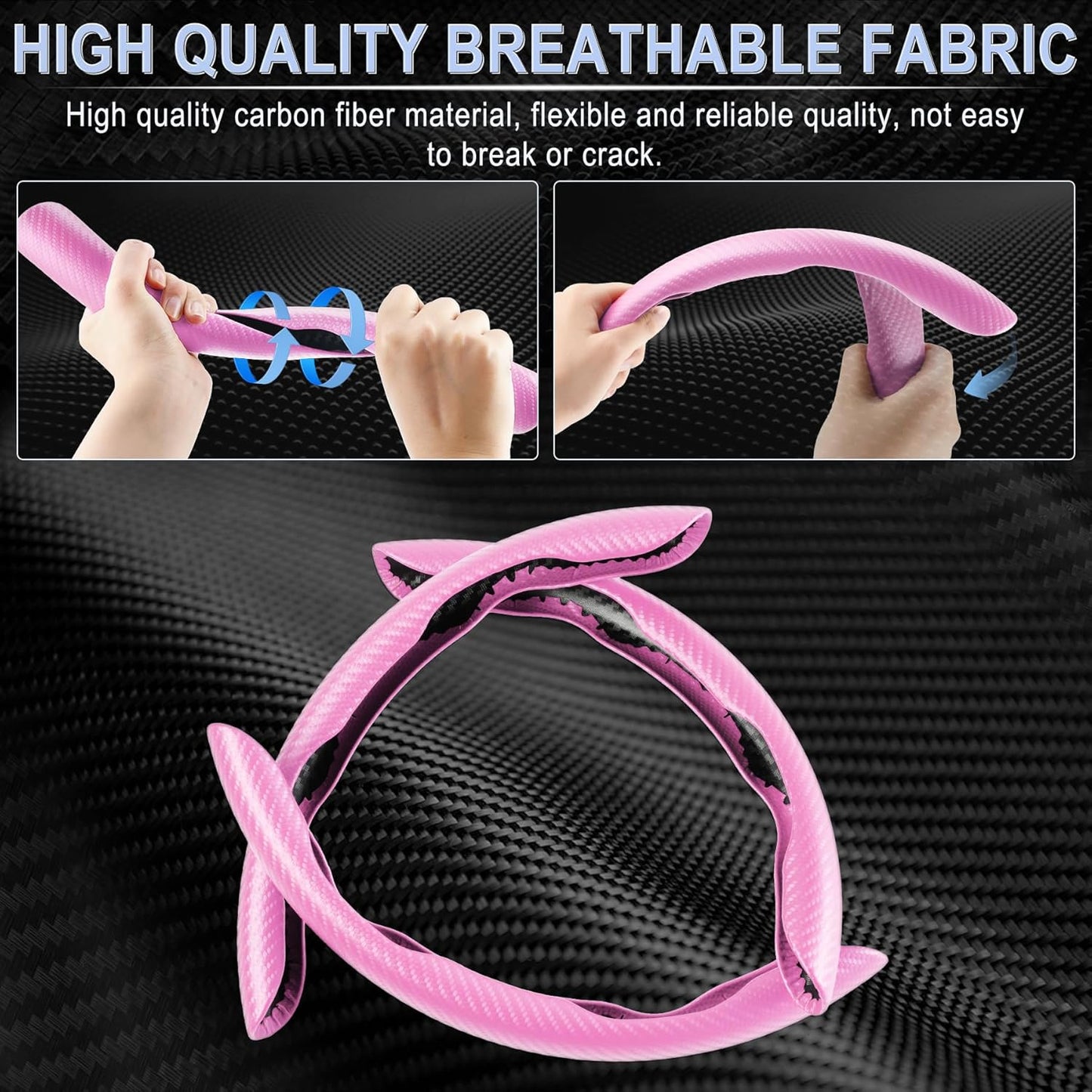Amiss 3pcs Carbon Fiber Anti-Skid Steering Wheel Cover, Segmented & Butterfly Design, Universal 99% Car Wheel Cover Protector, Pink