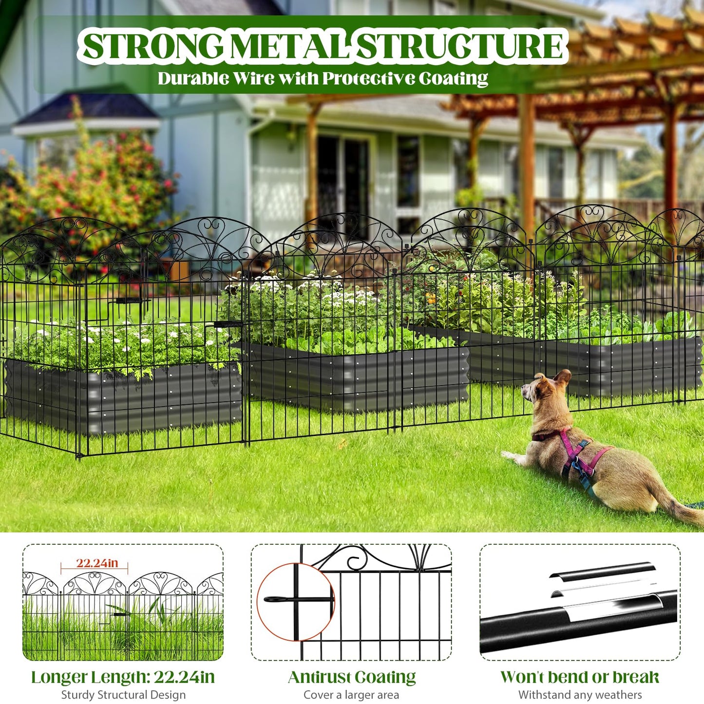 6 Panels No Dig Garden Fence with Gate, 32" H x 11ft, Decorative Metal Animal Barrier Dog Fence Outdoor for Yard, Walk-Through Iron Fencing for Flower Bed, Patio & Vegetable Garden