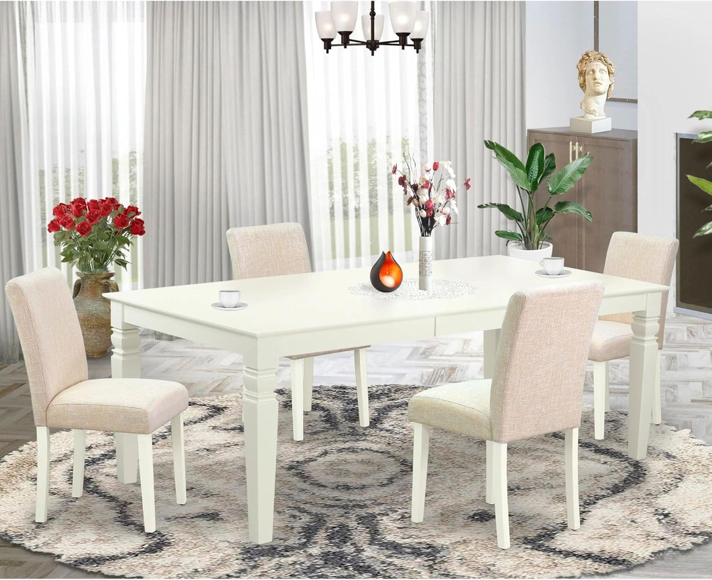East West Furniture LGAB5-LWH-02 5 Piece Dining Set Includes a Rectangle Dining Room Table with Butterfly Leaf and 4 Light Beige Linen Fabric Upholstered Chairs, 42x84 Inch, Linen White