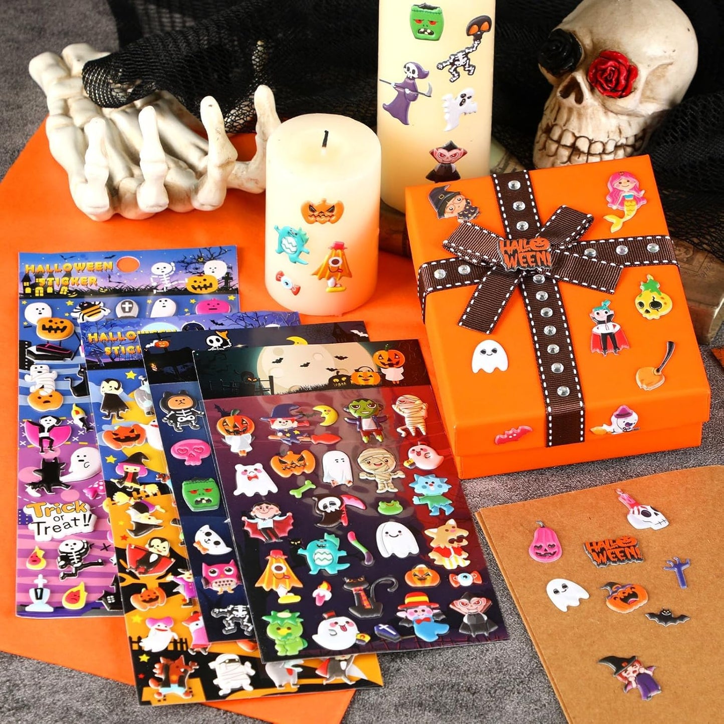 UPINS Halloweens Stickers for Kids, 10 Sheets 3D Happy Halloween Stickers Cute Puffy Stickers Ghost Pumpkin Skull Bat Spider Foam Stickers for Halloween Party Favors Scrapbooking DIY Crafts