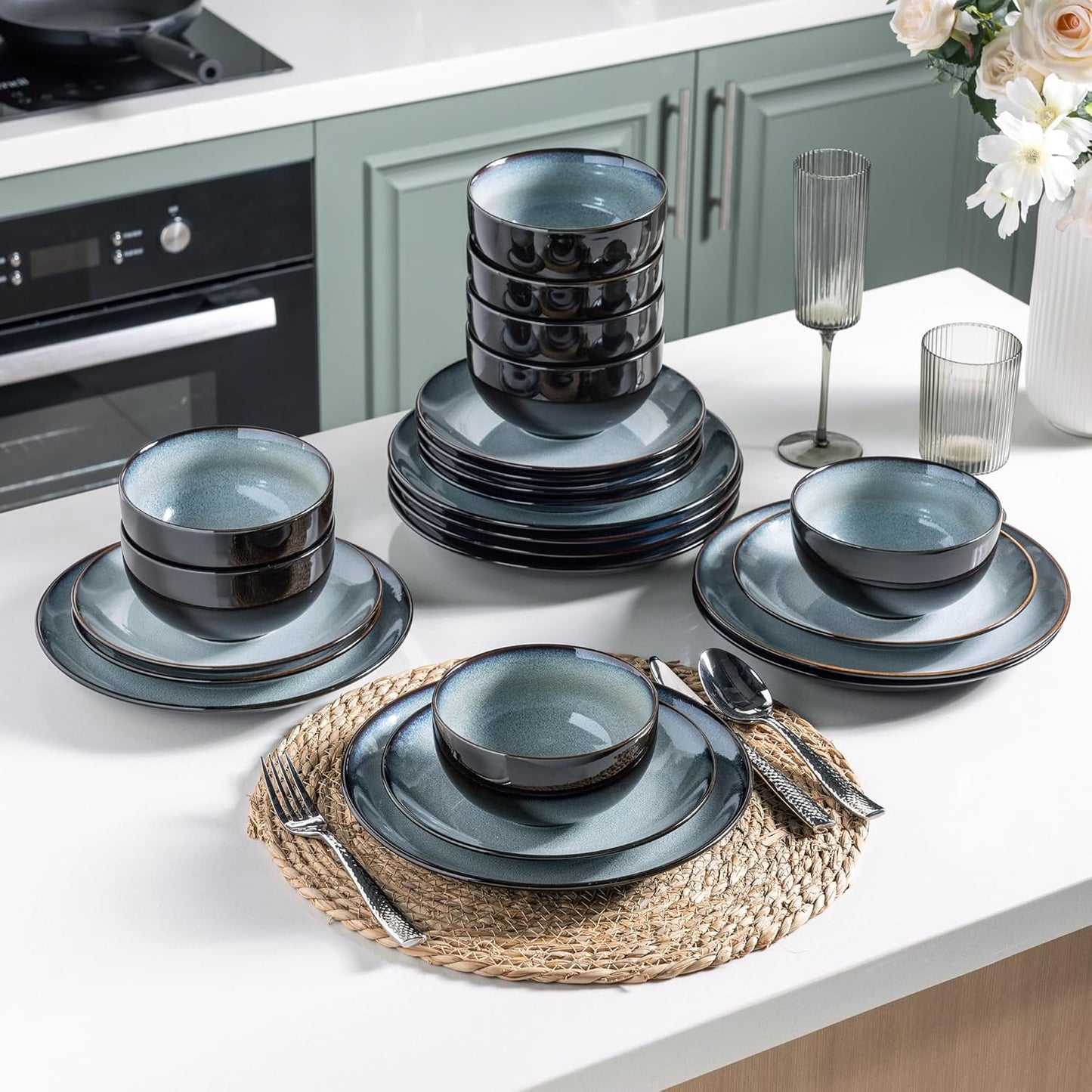 LeRatio Ceramic Dinnerware Sets for 6,Stoneware Plates and Bowls Sets,Handmade Reactive Glaze Dishes Set,Chip Resistant and Scratch Resistant | Oven&Dishwasher & Microwave Safe-Gray White(18PCS)