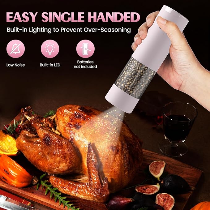 Salt and Pepper Grinder Set Birthday Gifts for Mom Automatic Battery Upgraded Larger Capacity Pink Salt Pepper Set New Apartment Gifts for Housewarming White Elephant Gifts for Adults