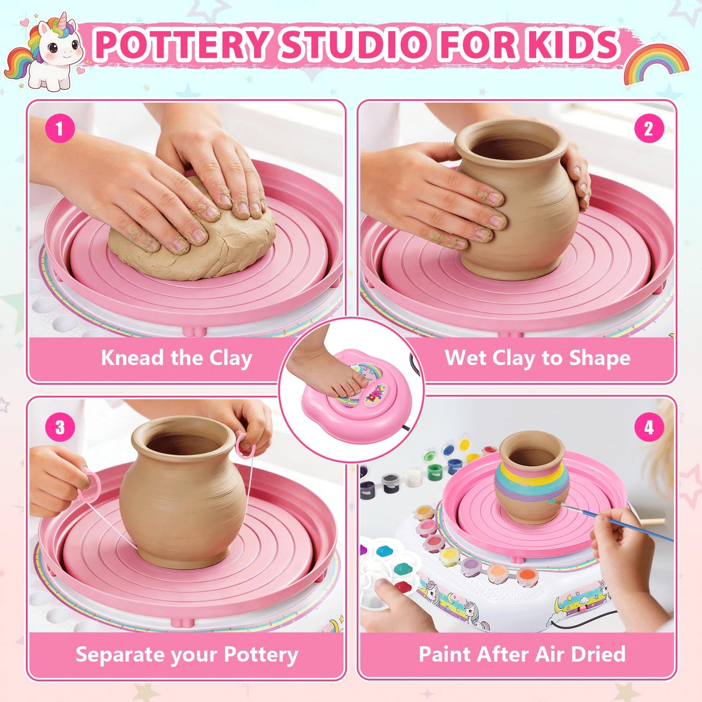 Pottery Wheel for Kids, Arts & Crafts Pottery Painting Toys Kit for Kids Ages 8-12, Unicorn Art Supplies with 3 Pack Air Dry Clay and Tools, Birthday Easter Gift for Girls Boys 6 7 8 9 10 11 12