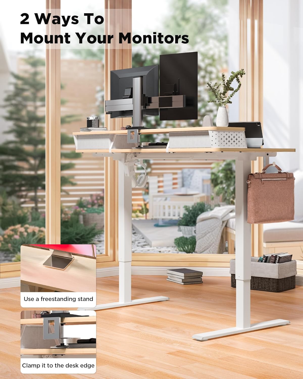 48x24 Inch Standing Desk with Double Drawers, C-Clamp Mount Compatible, Electric Adjustable Height Computer Stand Up Desks, Home Office Sit Stand Table with 3 Preset Heights & 2 Hooks, Natural