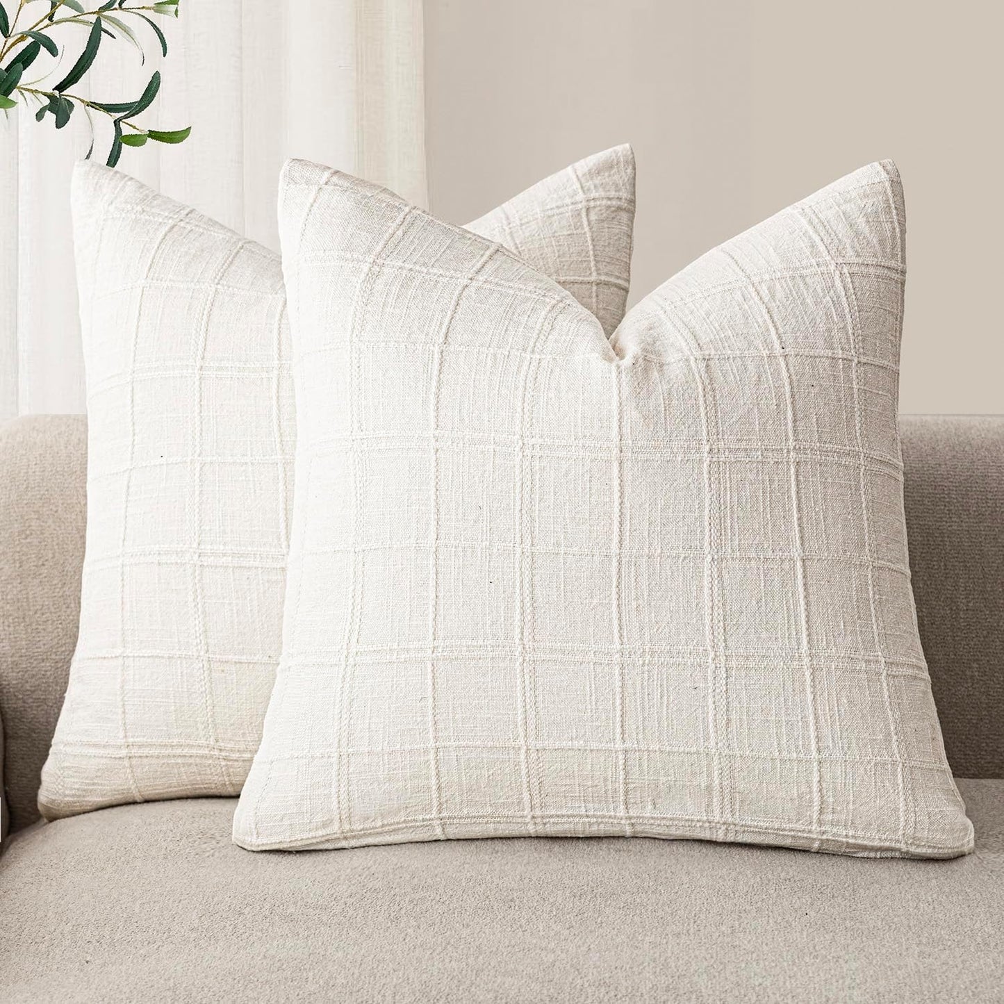 Foindtower Set of 2 Decorative Linen Check Throw Pillow Covers Neutral Farmhouse Vintage Cushion Covers Modern Boho Home Decor for Sofa Chair Couch Bedroom Living Room Outdoor,22×22 Inch,Cream White