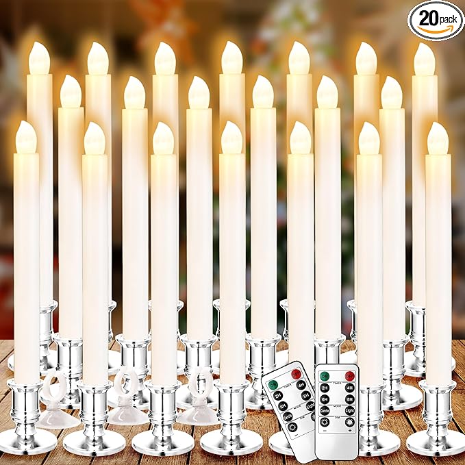 YAUNGEL Window Candles, 20 Pack LED Battery Operated Christmas Candles for Windows with Remote Timer Electric Candle Lights with Removable Candle Holders Suction Cups for Christmas Decorations, Silver