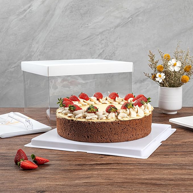 Restaurantware-Sweet Vision 10 Inch x 8.25 Inch Transparent Cake Boxes, 10 Grease Resistant Base Clear Cake Boxes - White Lid, Gray Ribbon, Plastic Birthday Box, For Weddings Or Birthdays