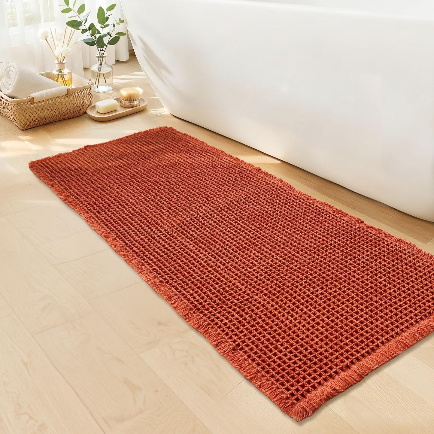 Waffle Bath Mat - Boho Bathroom Rugs Non Slip Washable, Super Absorbent & Quick Dry, Soft Bath Mat Farmhouse Bathroom Decor, 20'' x 48'', Dirty Orange