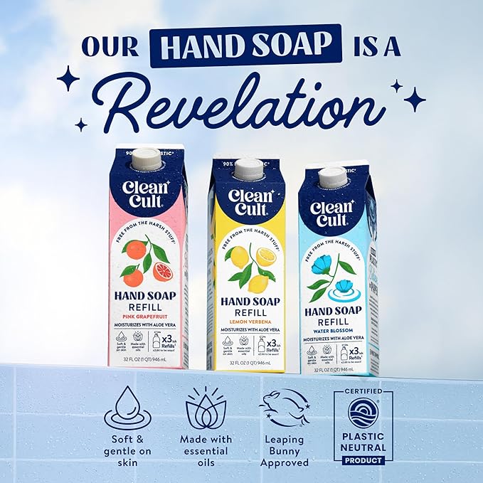Cleancult Liquid Hand Soap Refill - Water Blossom - Moisturizes Dry & Sensitive Skin - Made with Aloe Vera & Essential Oils - Eco Friendly - Paper-Based Packaging - 32 oz/1 Pack