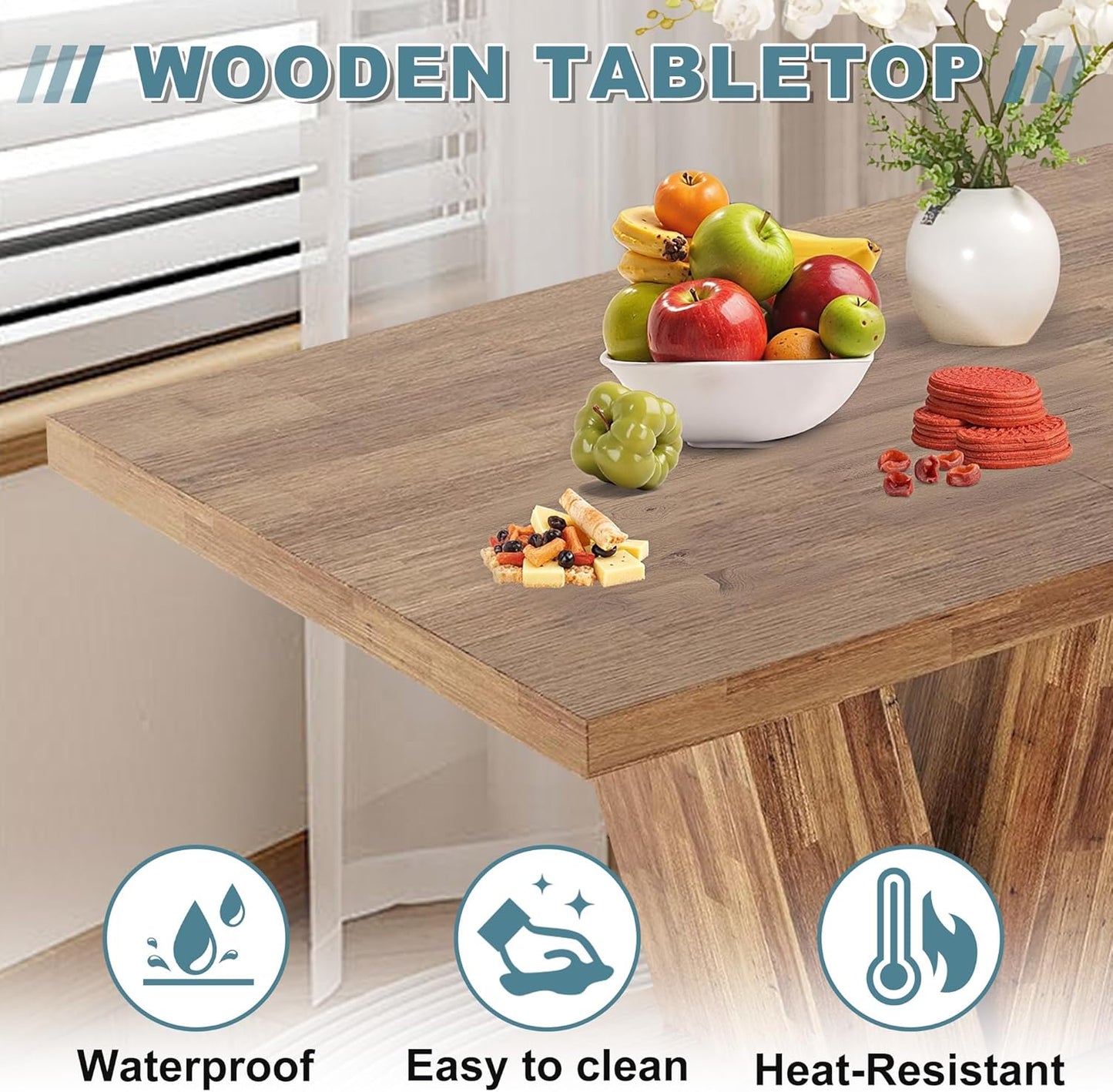 Dining Table for 4-6, 47" Farmhouse Dinner Table with with Wooden Tabletop and Heavy Duty Pedestal Wooden Rectangular Kitchen Tables for Dining Room, Kitchen, Living Room, Walnut Brown