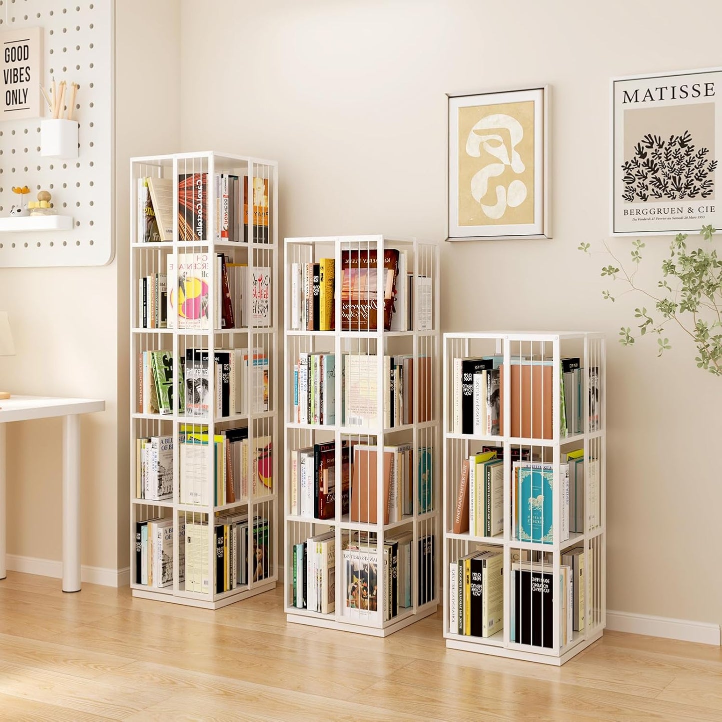 Square Rotating Bookshelf Tower - 360 Spinning Display Corner Bookcase for Narrow Space, Modern 3-Tier Revolving Storage Shelf, White